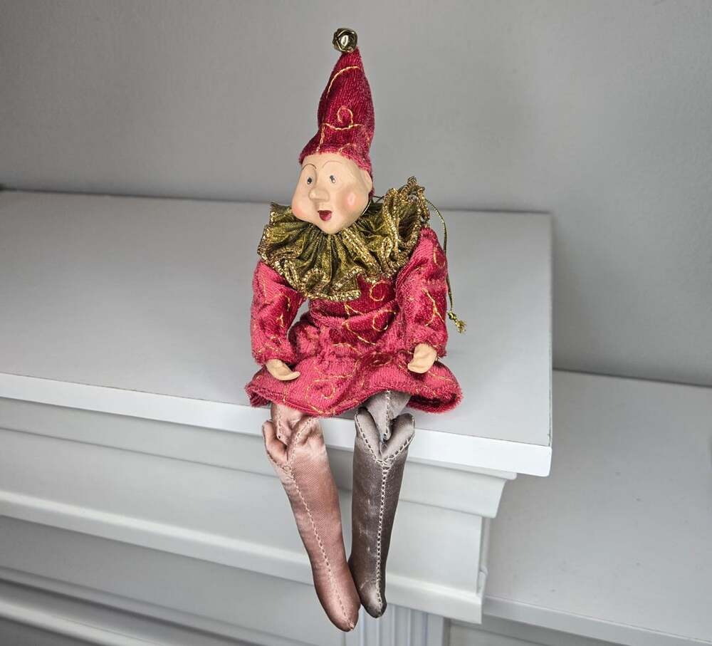 Vintage Porcelain/Ceramic Jester Shelf Sitter Doll Burgundy Gold Velvet 9 Inch